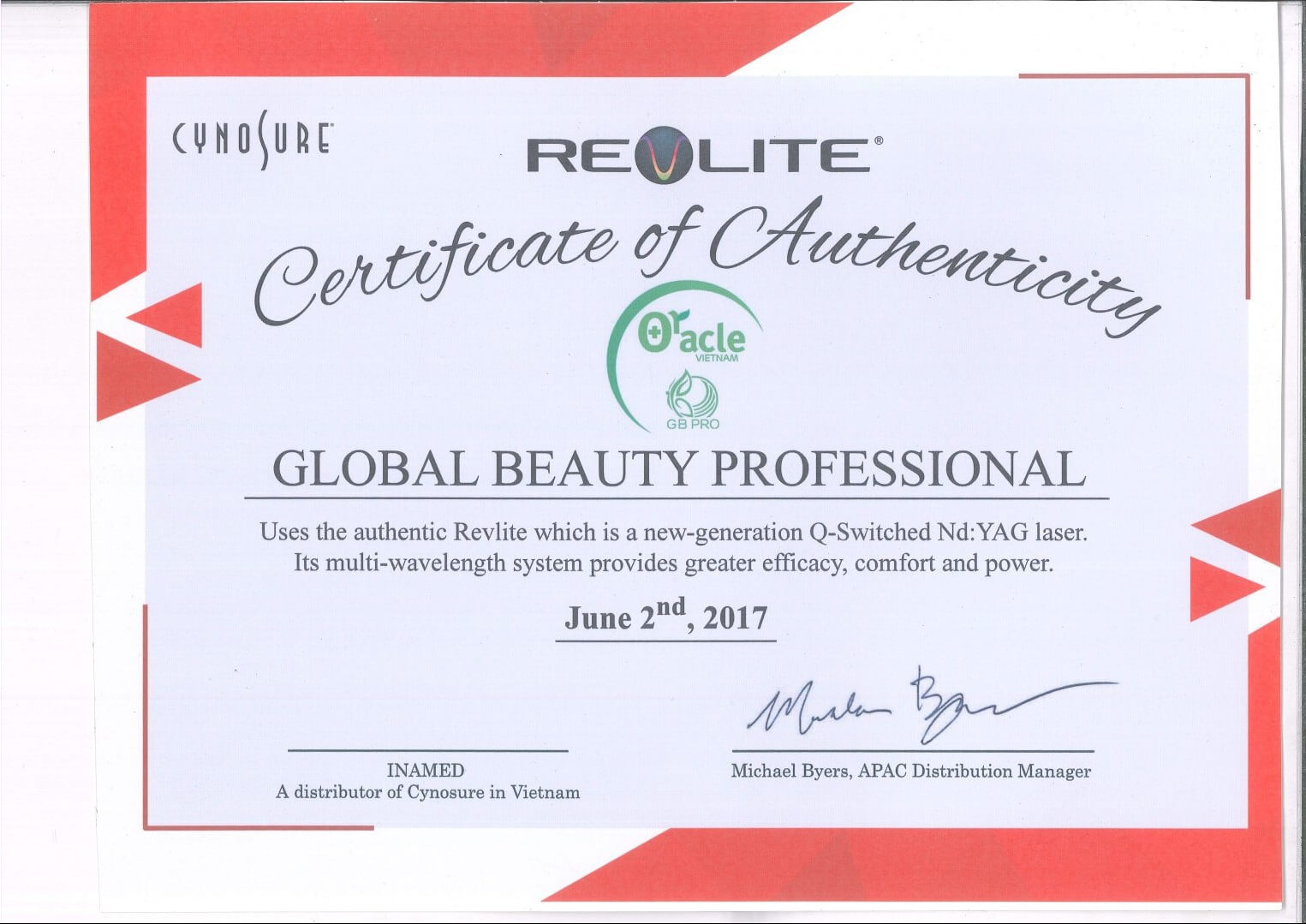 Chứng nhận sử dụng công nghệ điều trị Revlite thế hệ mới, được cấp từ Cynosure