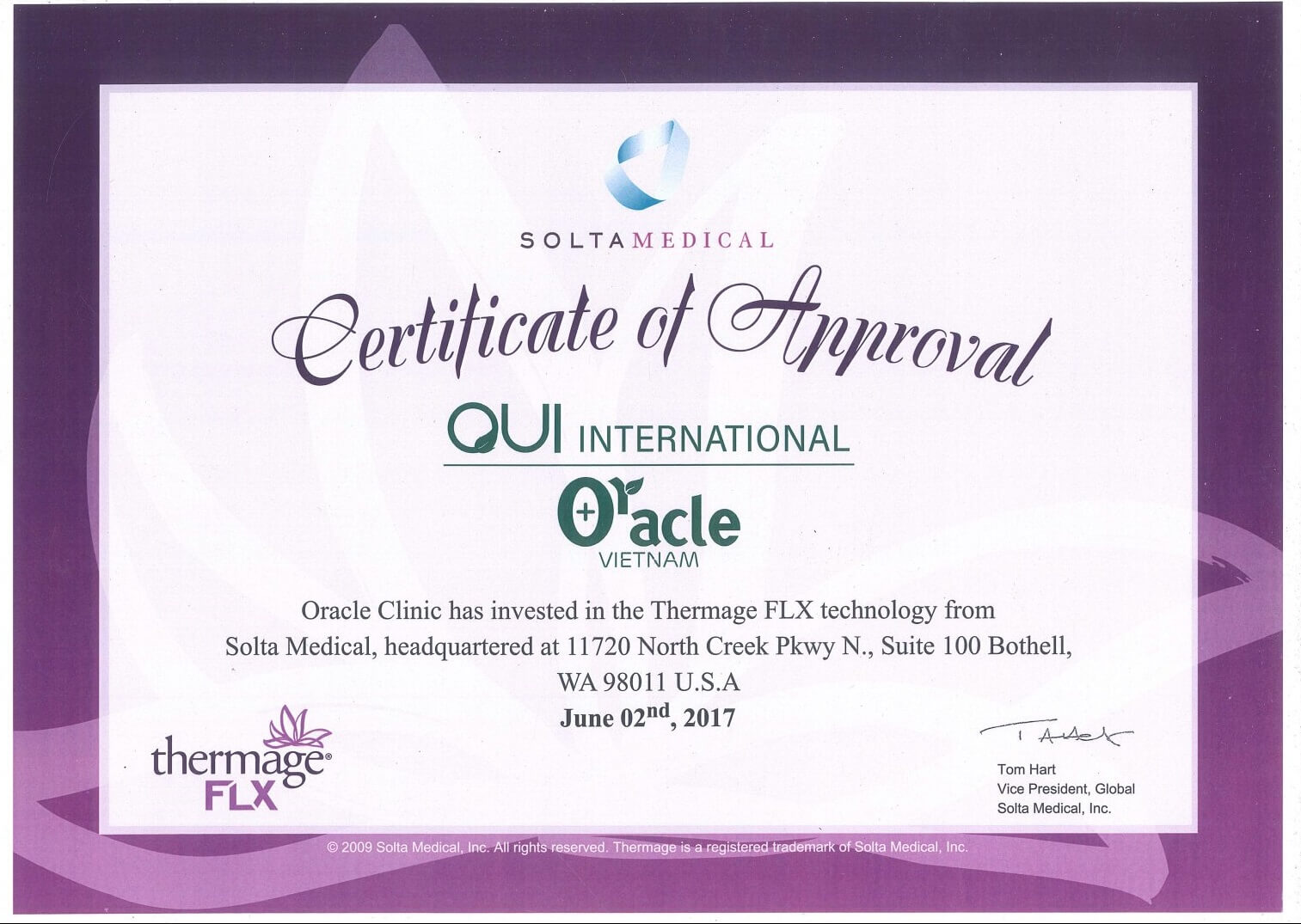 Chứng nhận chuyển giao công nghệ Thermage FLX chính hãng từ Solta Medical