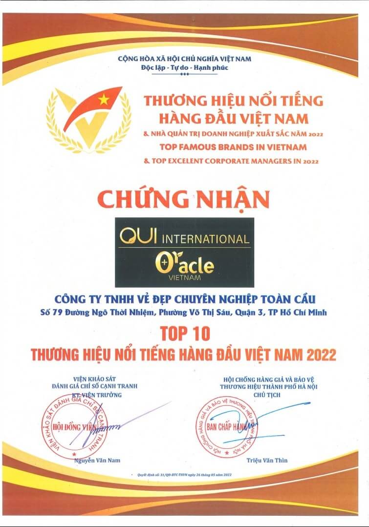 Chứng nhận OUI | Oracle Clinic đạt Top 10 thương hiệu nổi tiếng hàng đầu Việt Nam