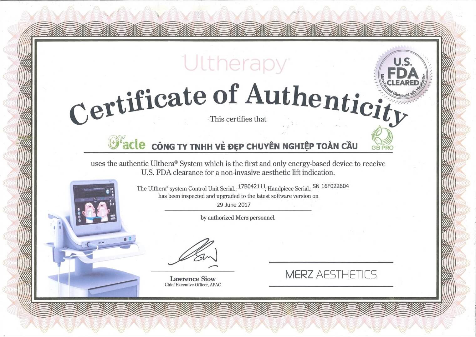 Chứng nhận chuyển giao công nghệ trẻ hóa da Ultherapy từ Merz-Aesthetisc